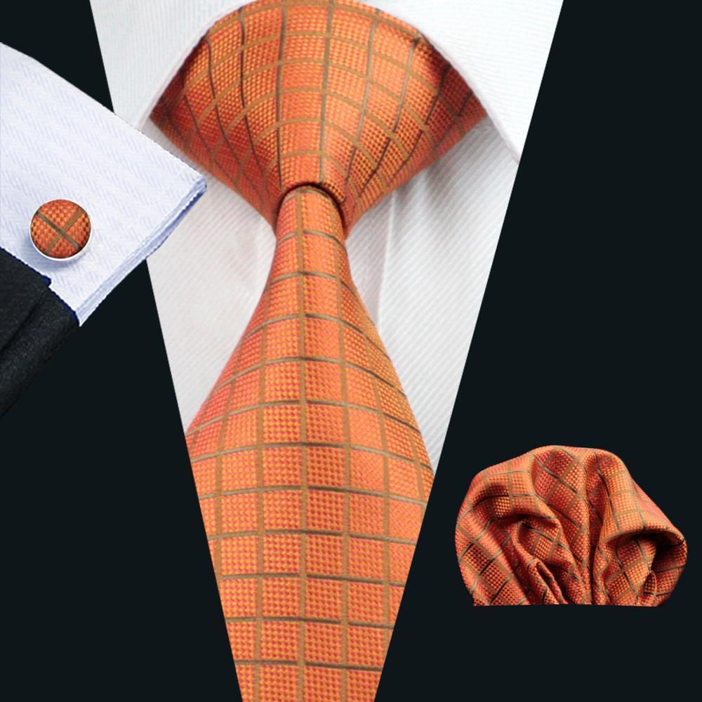  63 Inches Tie Orange Plaid Silk Extra Long Men's Necktie Set