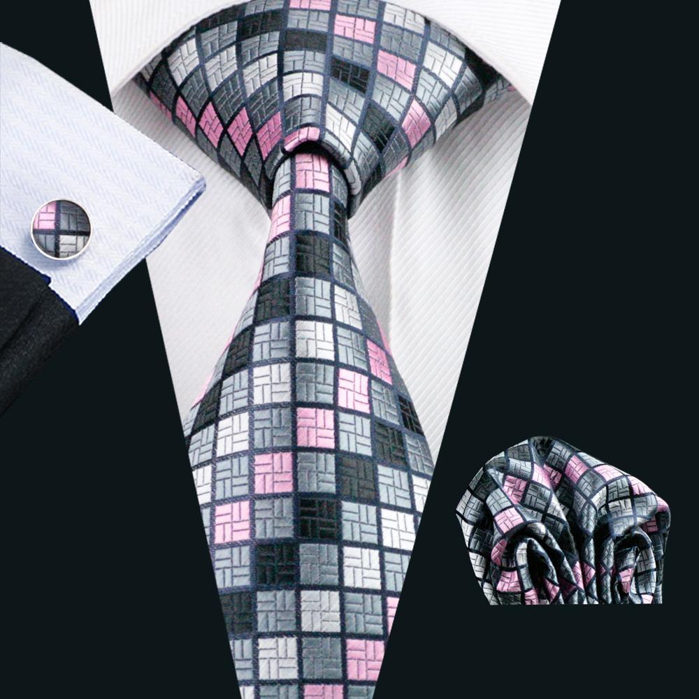 men's necktie Black Grey Pink Sliver Plaiad tie set