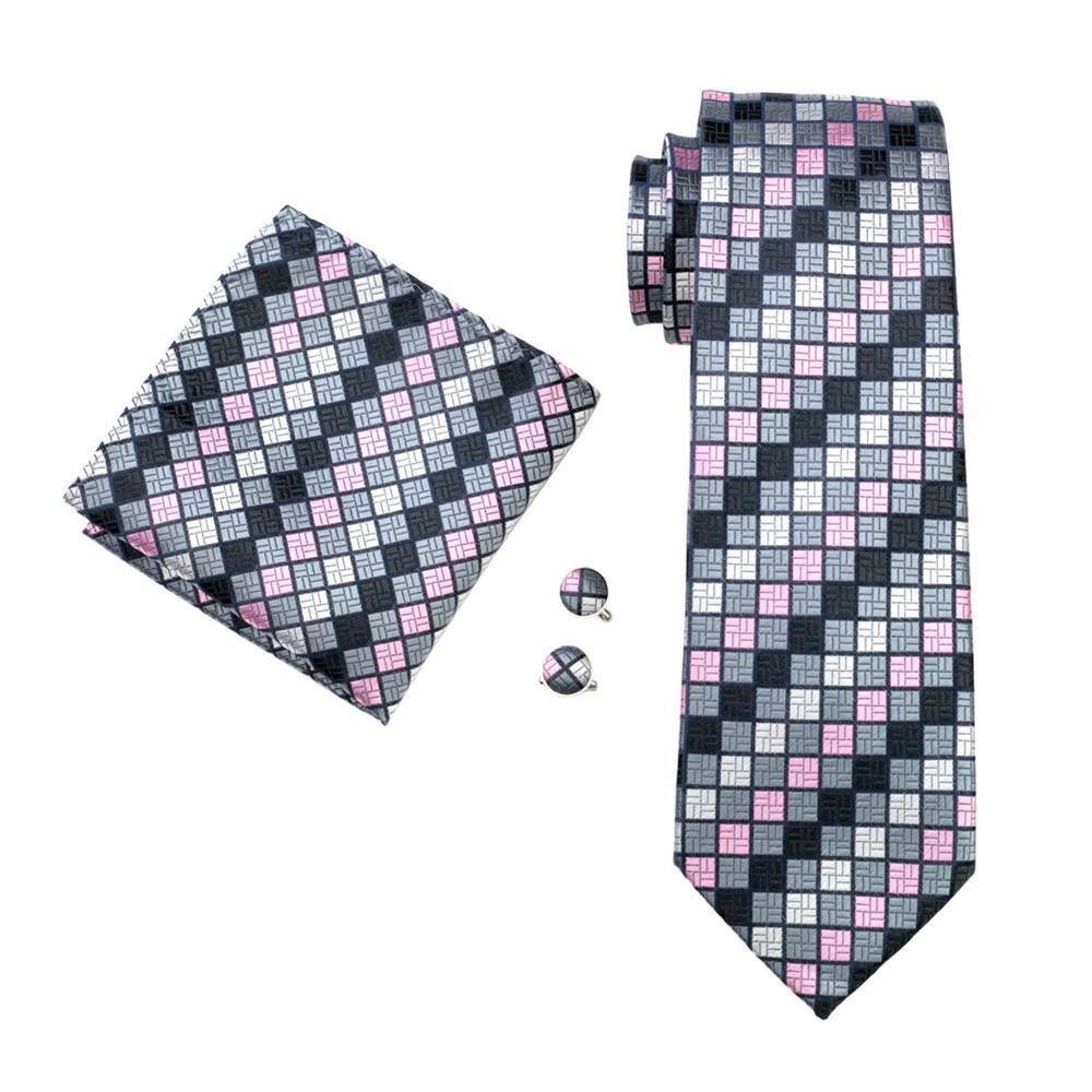 A Pink Grey Plaid Silk Tie, Pocket Square, and Cufflinks Set arranged neatly on a white background.