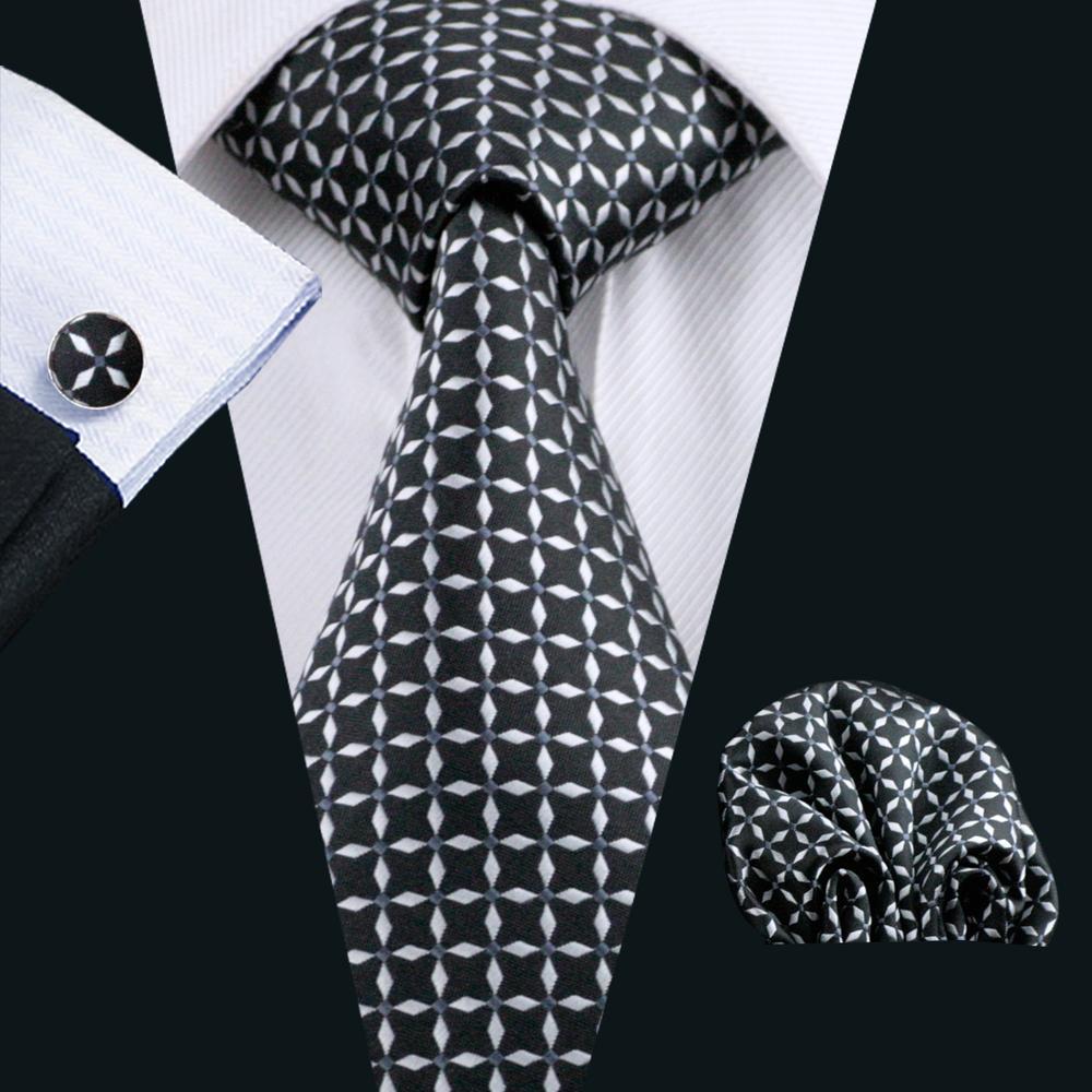 Black White Plaid Extra Long Silk Men's Tie Hanky Cufflinks Set