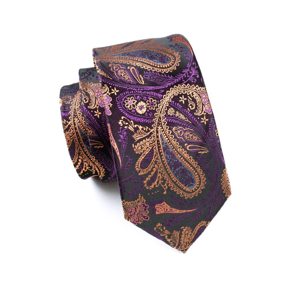 Purple Paisley Silk Mens Tie Handkerchief Cufflinks Collar Pin Set