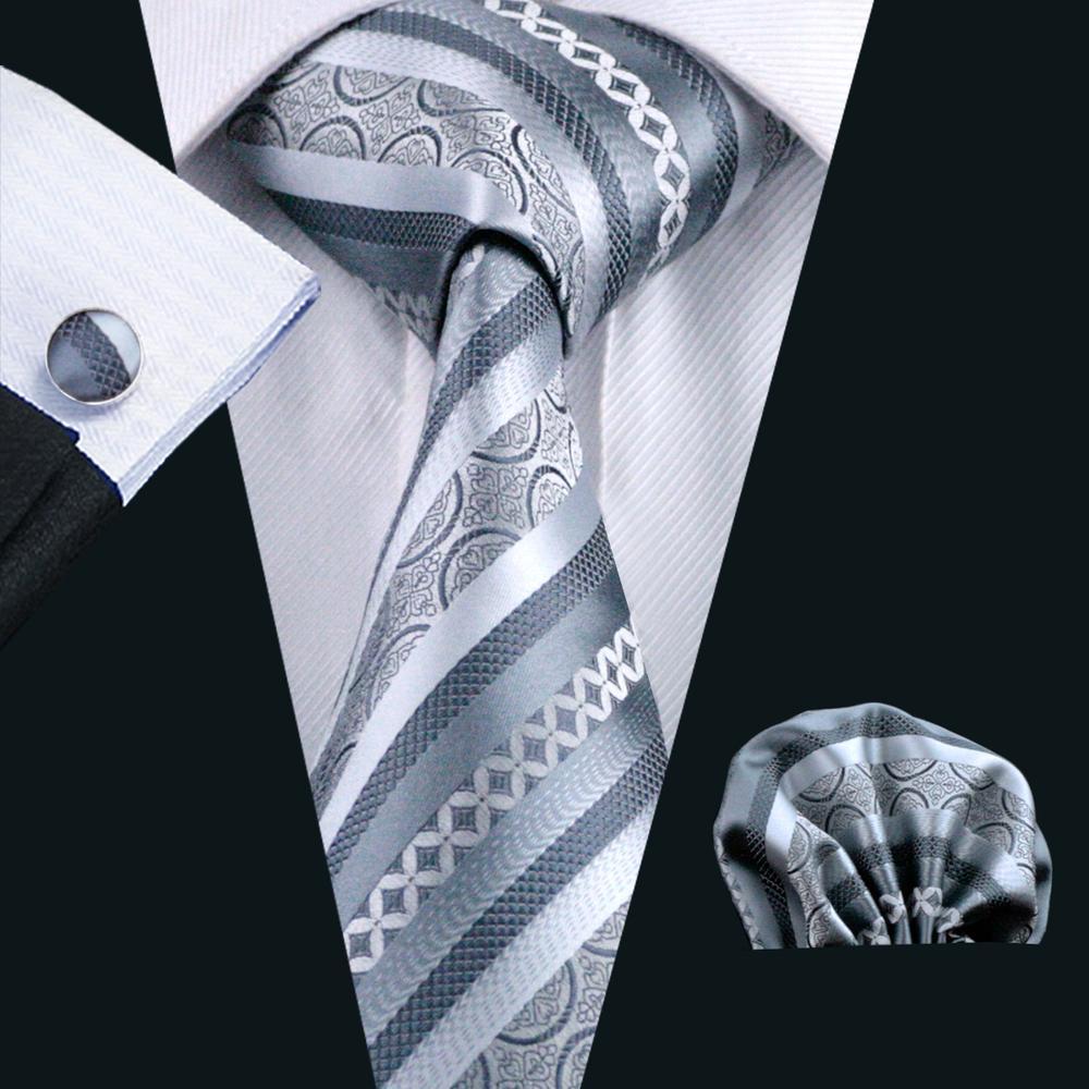 Silver Grey Novelty Striped Silk Men's Tie Hanky Cufflinks Set