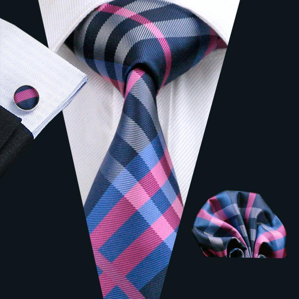 Hi-Tie Classic Deep Blue Pink Plaid Tie Pocket Square Cufflinks Set