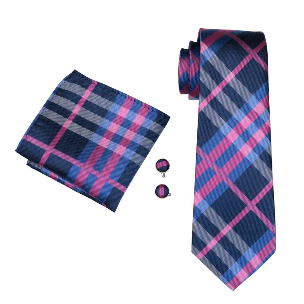 Classic Deep Blue Pink Plaid Tie Pocket Square Cufflinks Set