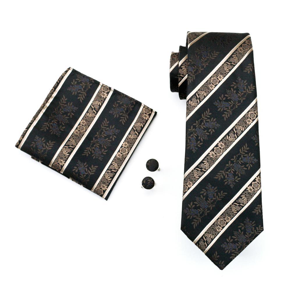 Champagne Beige Black Floral Tie Hanky Cufflinks Set Collar Pin