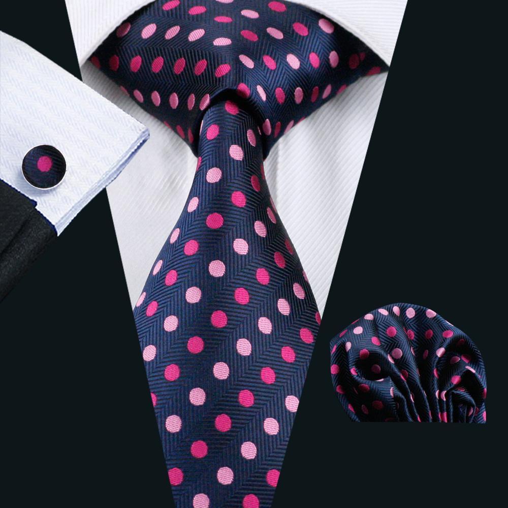 Hi-Tie Deep Pink Purple Polka Dot Men's Tie Pocket Square Cufflinks Set