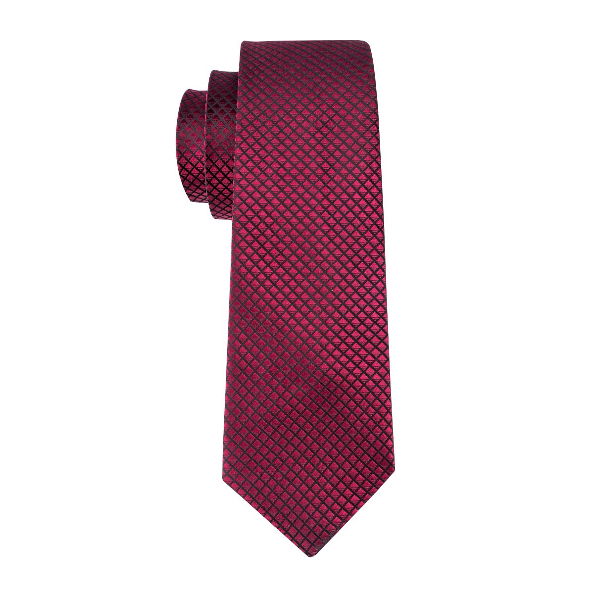 Dark Red Plaid 63 Inch Length Men's Necktie Pocket Square Set