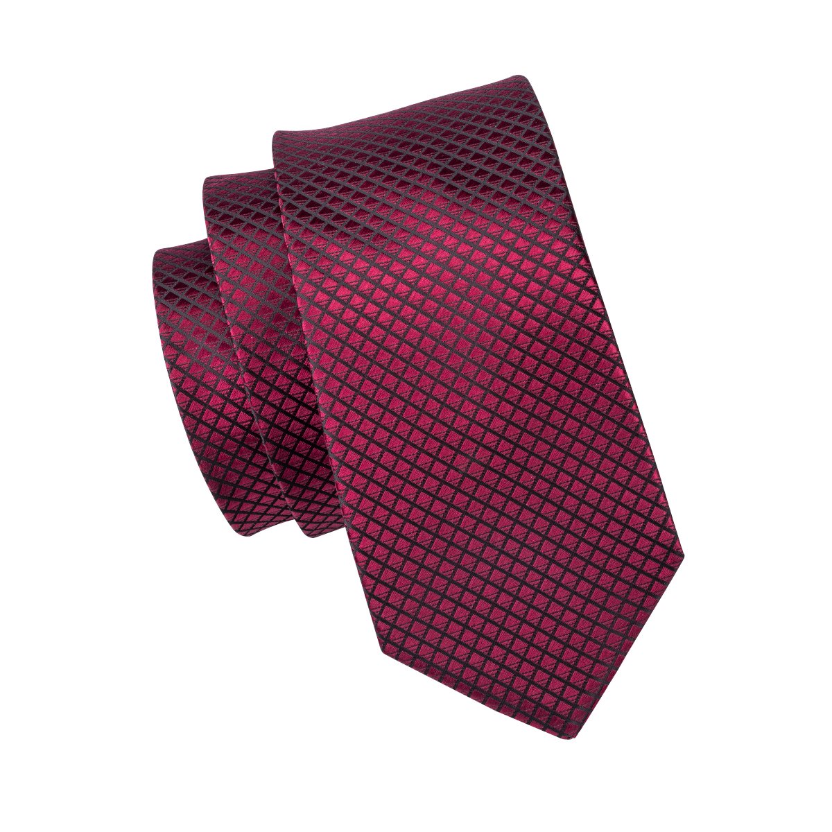 Dark Red Plaid 63 Inch Length Men's Necktie Pocket Square Set