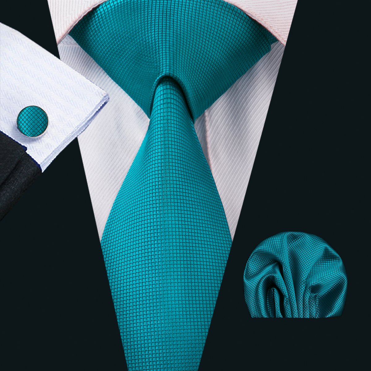 Men's Necktie Teal Blue Solid Tie Pocket Square Cufflinks Set