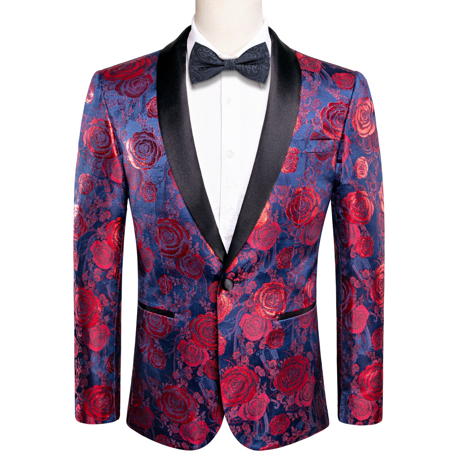 Hi-Tie Black Shawl Lapel Luxury Blue Red Floral Men's Suit Set, 3XL
