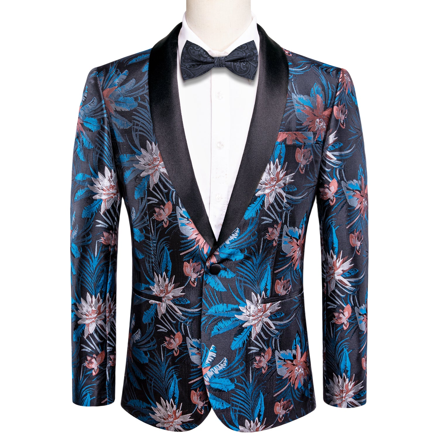 Hi-Tie Black Shawl Lapel Luxury Blue Pink White Floral Men's Suit Set, XL