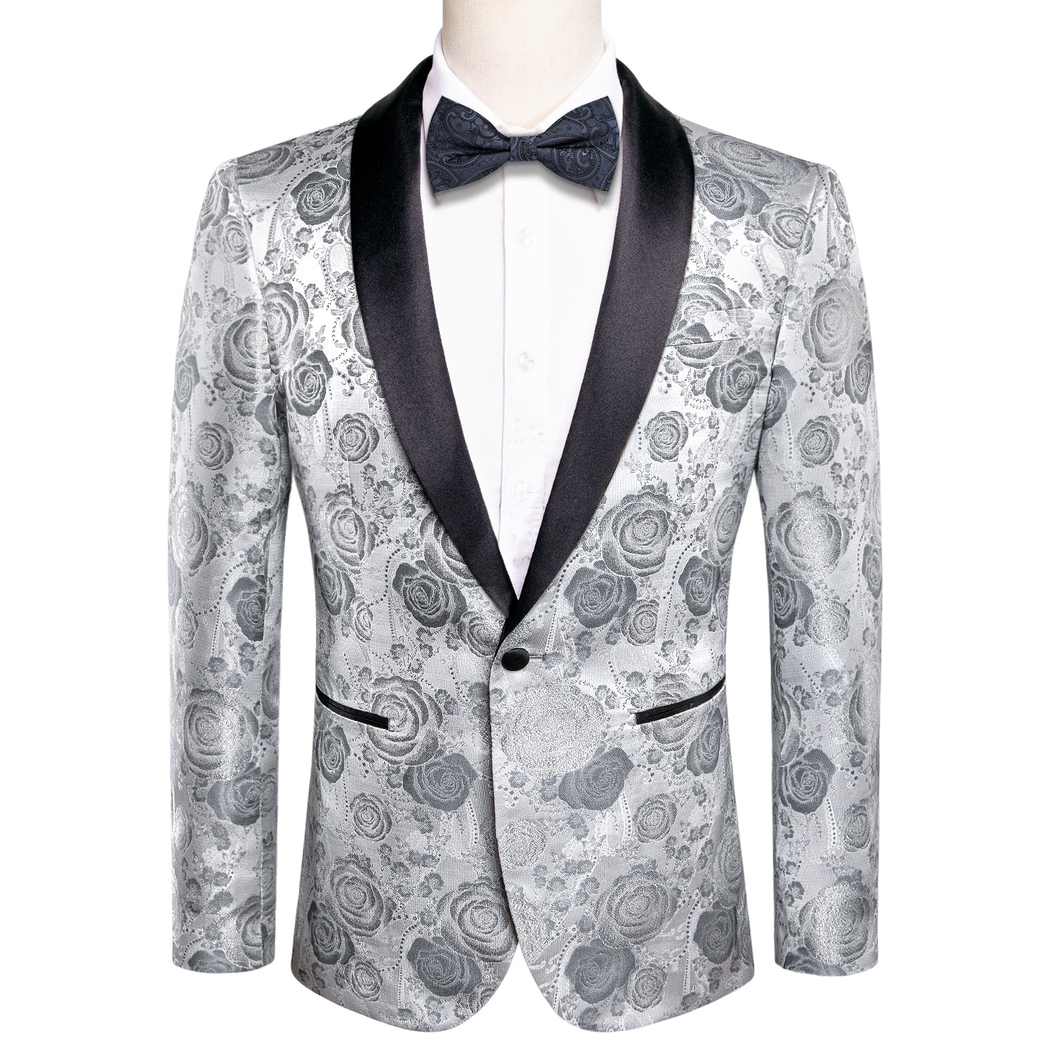 Hi-Tie Wedding Blazer Sliver Grey Roses White Floral Men's Suit Set - Main Image