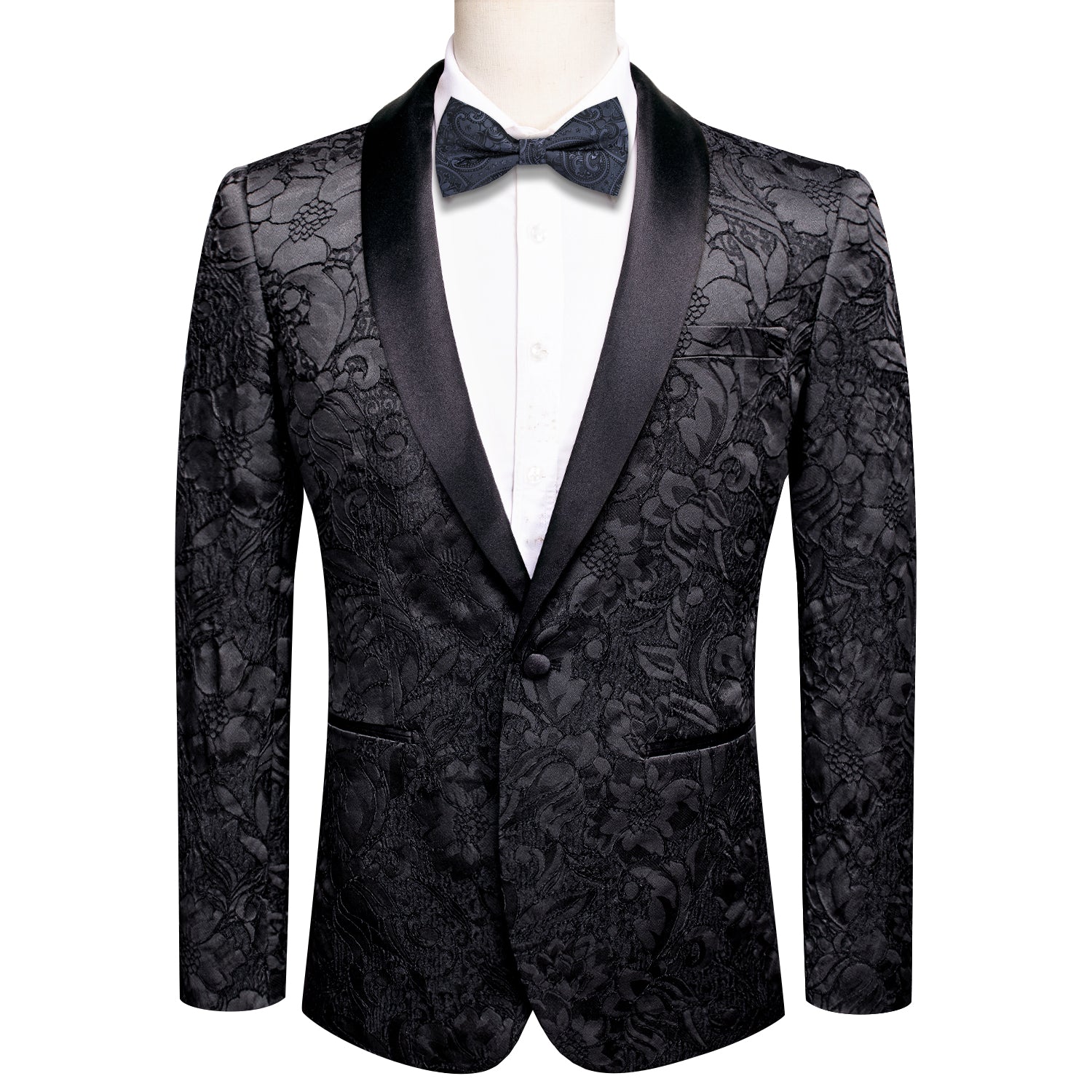 Hi-Tie Shawl Collar Blazer Black Floral Men's Wedding Suit Set