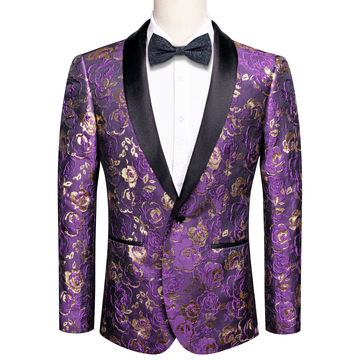 Hi-Tie Black Shawl Lapel Luxury Purple Champagne Floral Men's Suit Set, 3XL Hi-Tie Black Shawl Lapel Luxury Purple Champagne Floral Men's Suit Set, 3XL