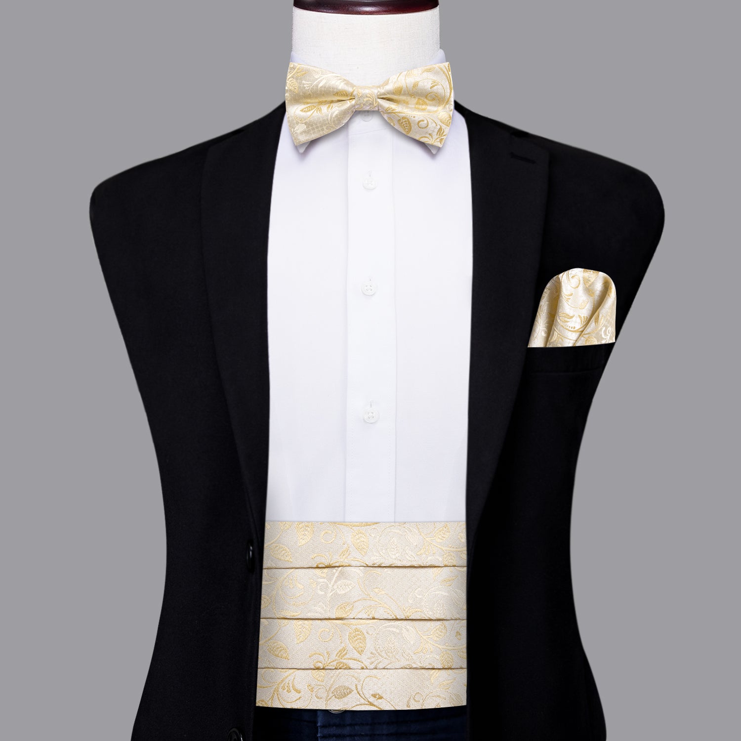 Men's Champagne Floral Cummerbund Bow Tie Hanky Cufflinks Set