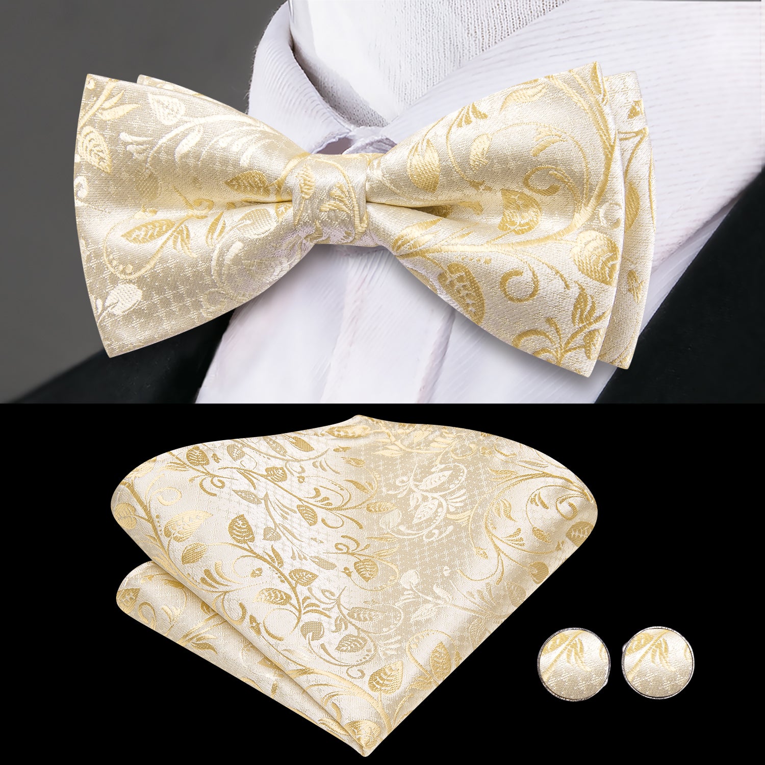 Men's Champagne Floral Cummerbund Bow Tie Hanky Cufflinks Set