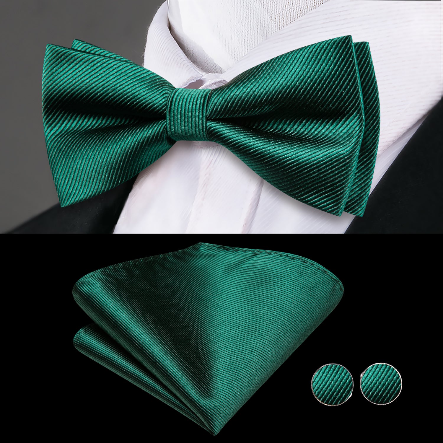 Emerald Green Solid Cummerbund Bow Tie Hanky Cufflinks Set