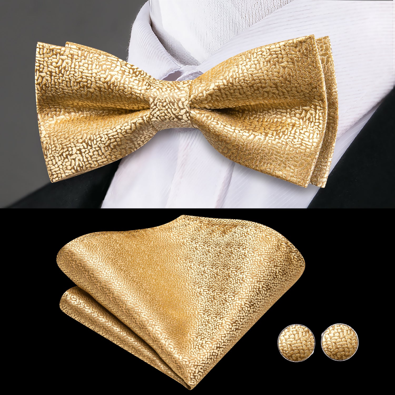 Golden Solid Cummerbund Bow Tie Hanky Cufflinks Set