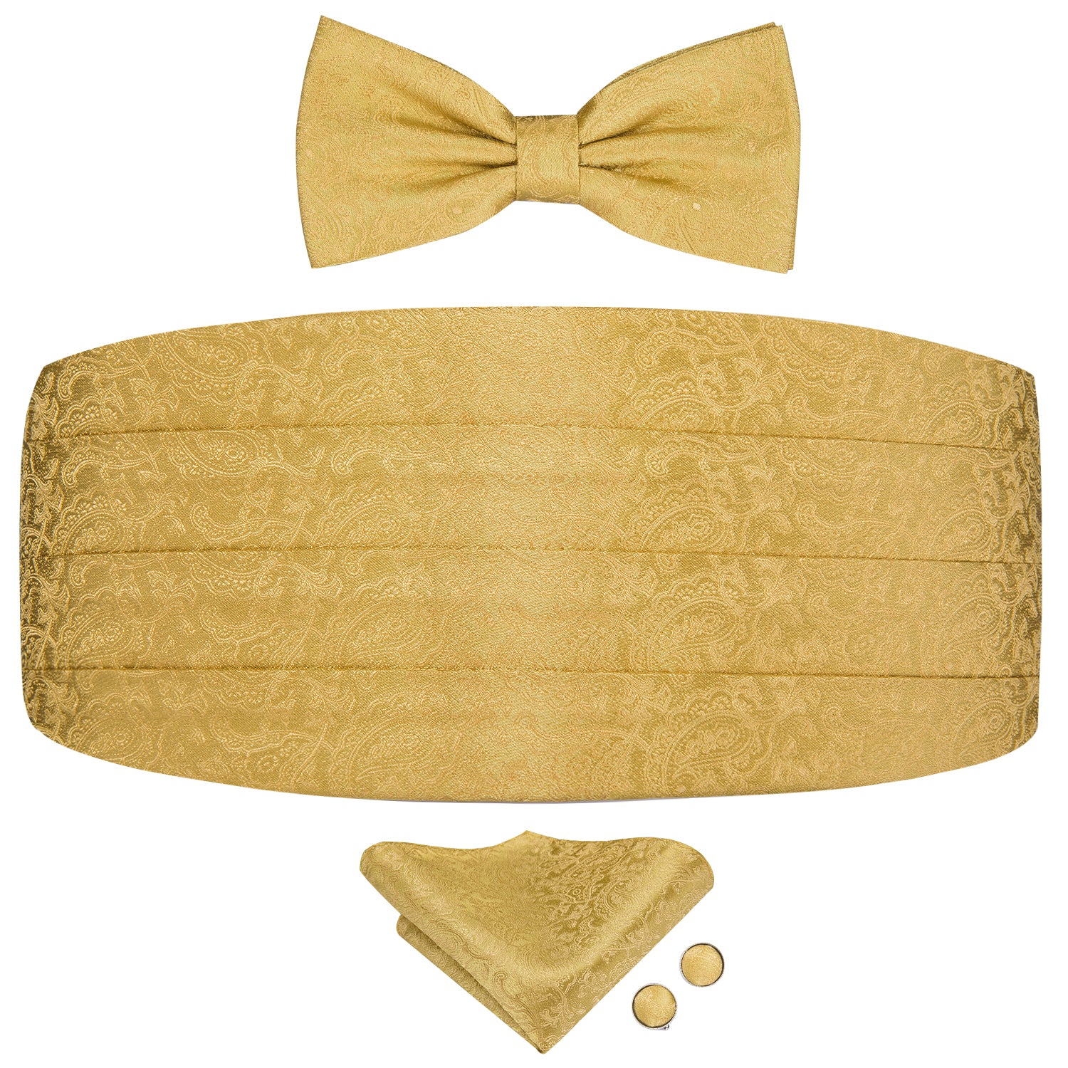 Gold Floral Cummerbund Silk Bow Tie Hanky Cufflinks Set for Men