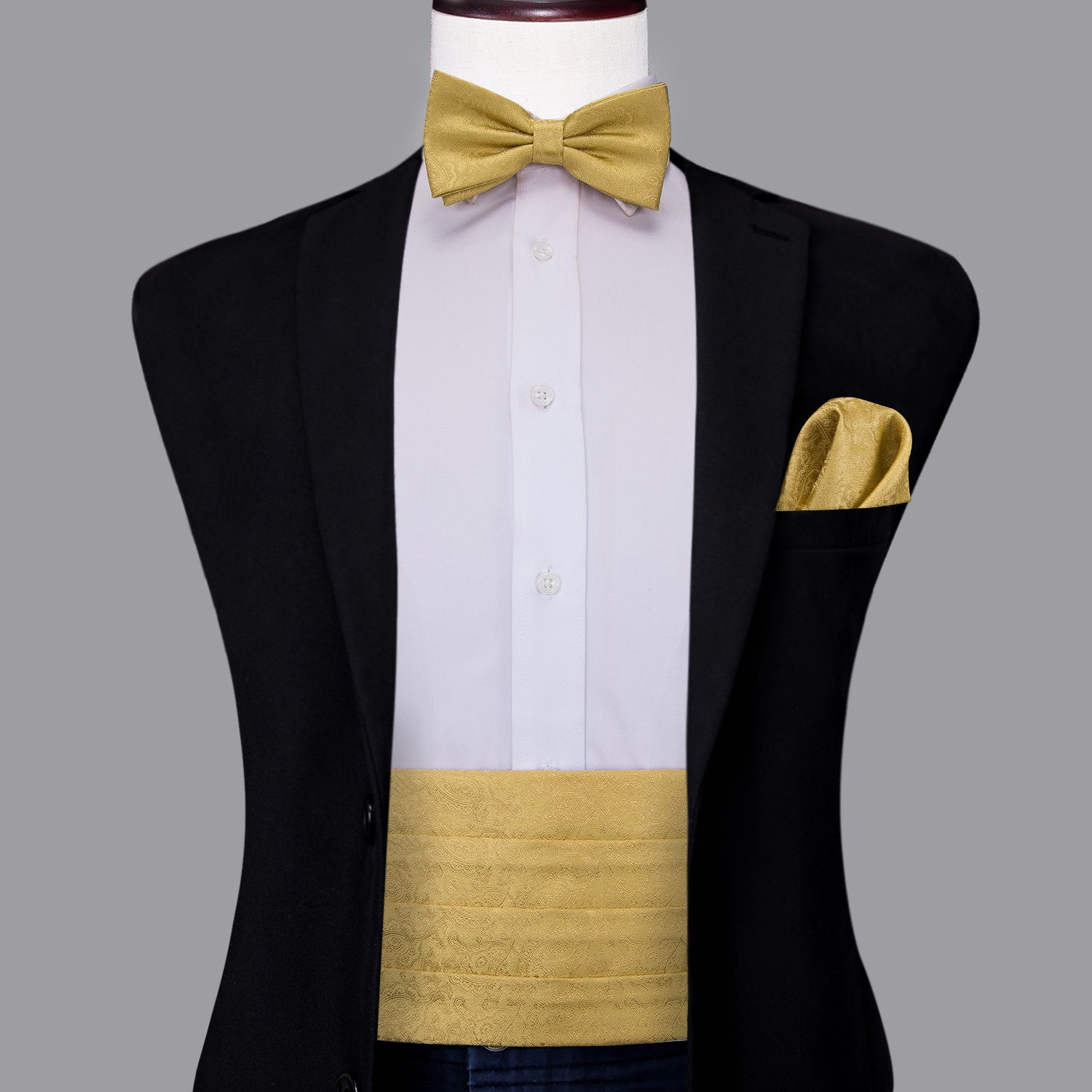 Gold Floral Cummerbund Silk Bow Tie Hanky Cufflinks Set for Men