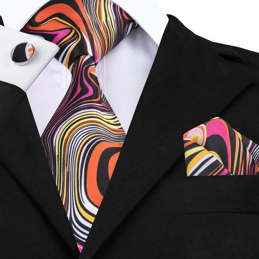 Black Orange Novelty Silk Men's Neck Tie Hanky Cufflinks Set