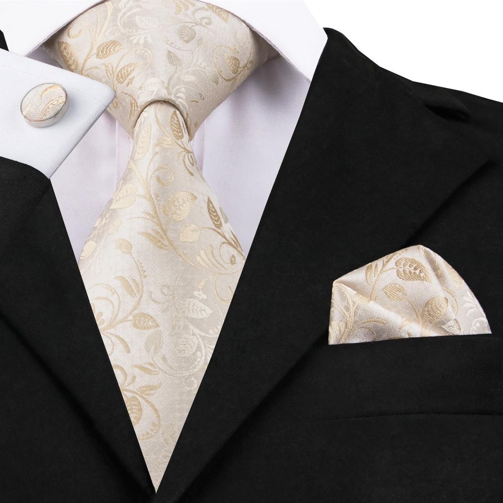 Champagne Golden Necktie Floral Tie Pocket Square Cufflinks Set