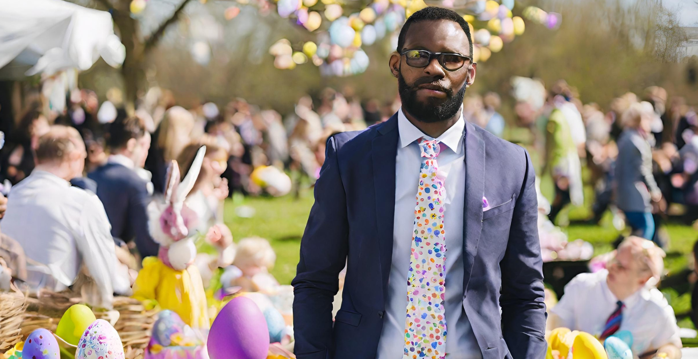 Man in tie attending Easter event