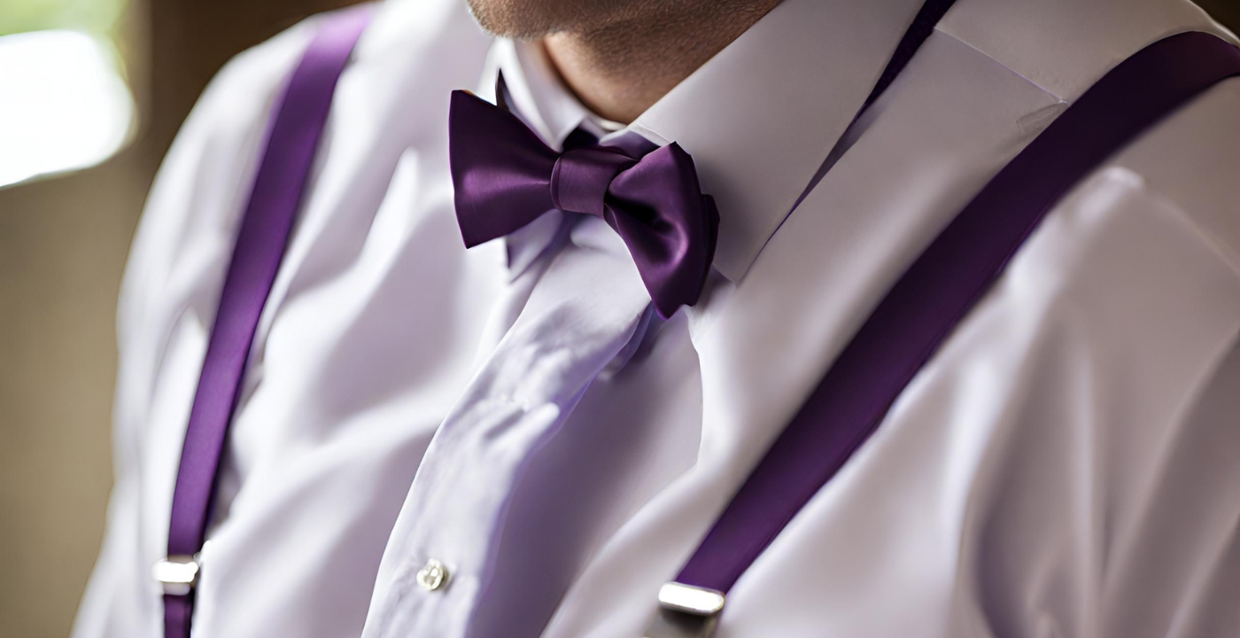 Pair purple bow tie and suspenders for a cohesive and fashionable statement.