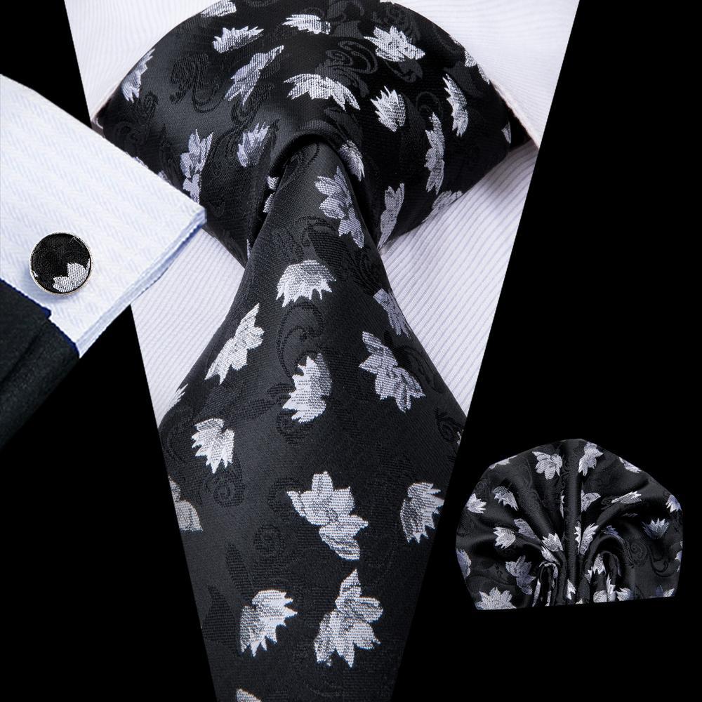 Black White Floral Silk Tie Pocket Square Cufflinks Set