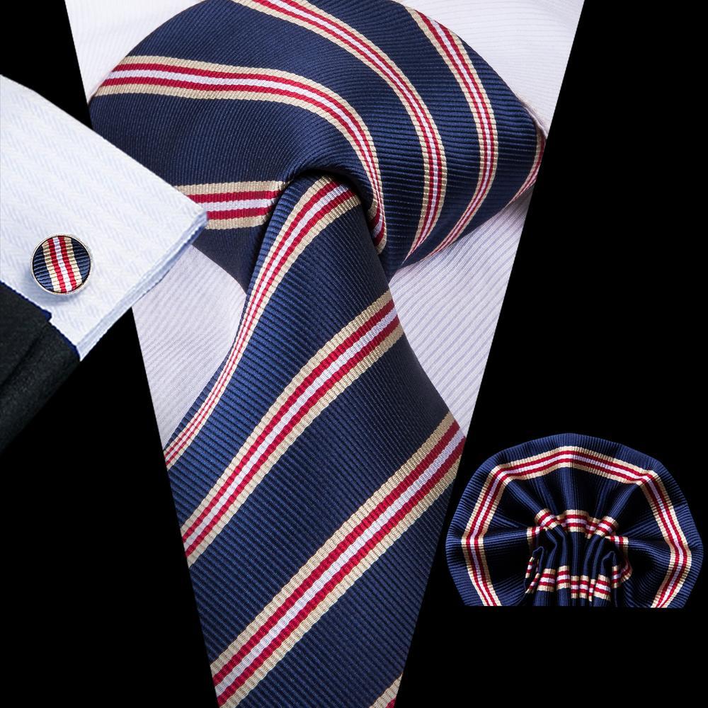 Blue Purple Striped Silk Men's Tie Pocket Square Cufflinks Set