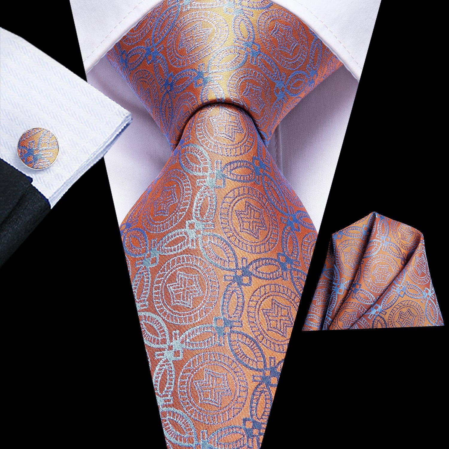 $9.99 Orange Novelty Tie Pocket Square Cufflinks Set