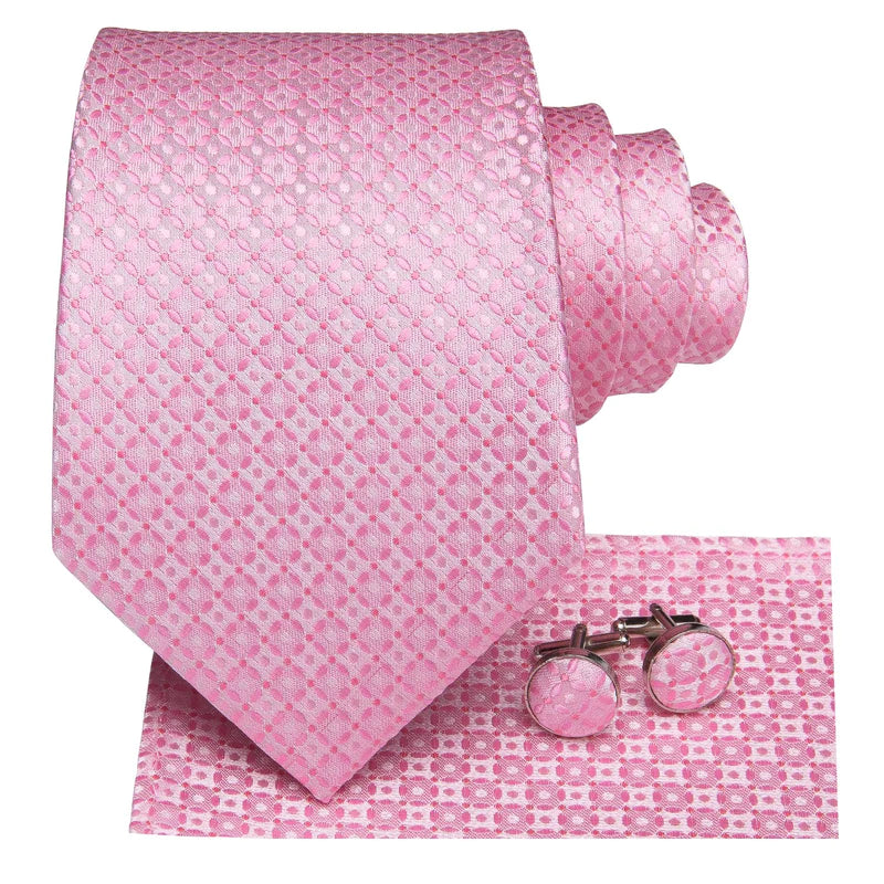 Novetly Pink Plaid Dot Tie Pocket Square Cufflinks Set