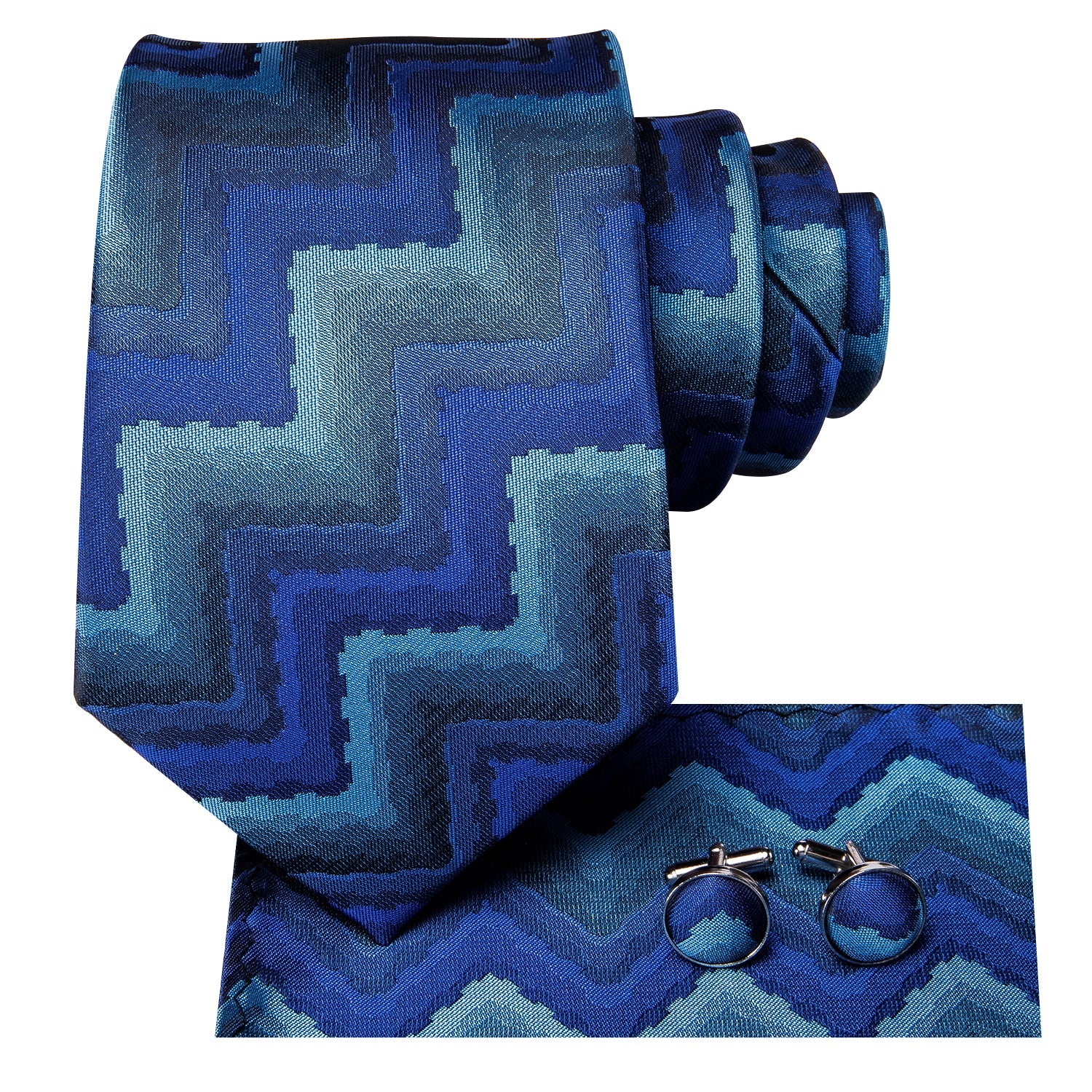 Hi-Tie Blue Striped Novelty Tie Pocket Square Cufflinks Set with Wedding Brooch