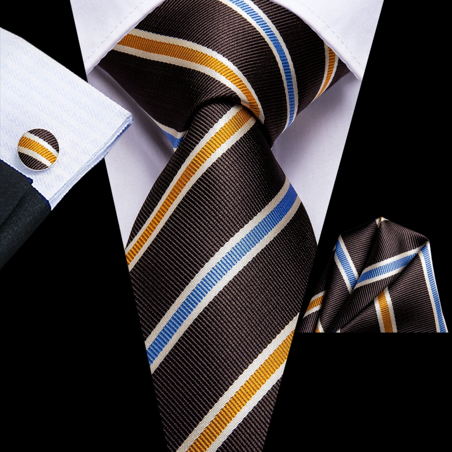 $9.99 Black Golden Blue Striped Tie Pocket Square Cufflinks Set