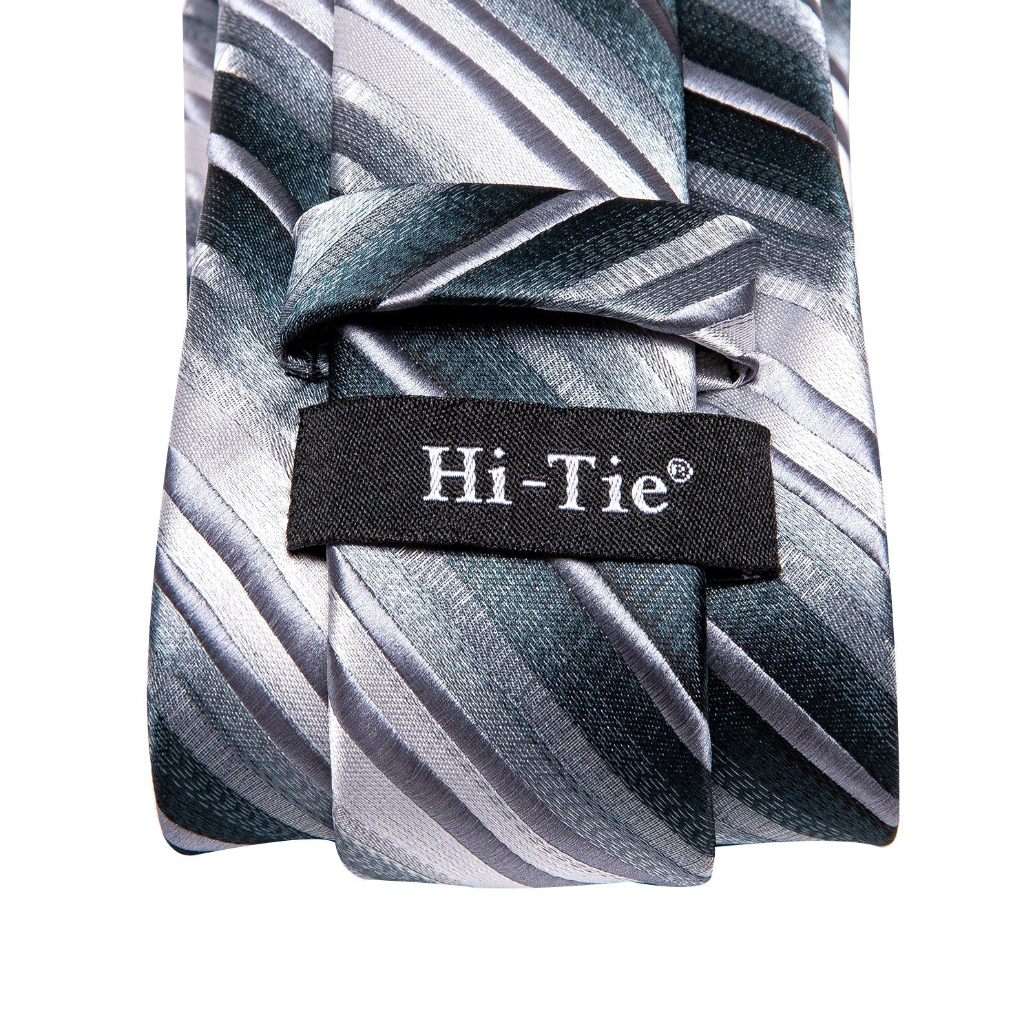 Green Grey White Striped Tie Pocket Square Cufflinks Set with Wedding Brooch