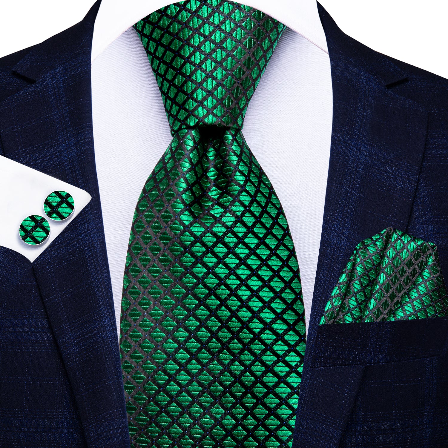 Green Plaid 67 Inches Extra Long Tie Handkerchief Cufflinks Set
