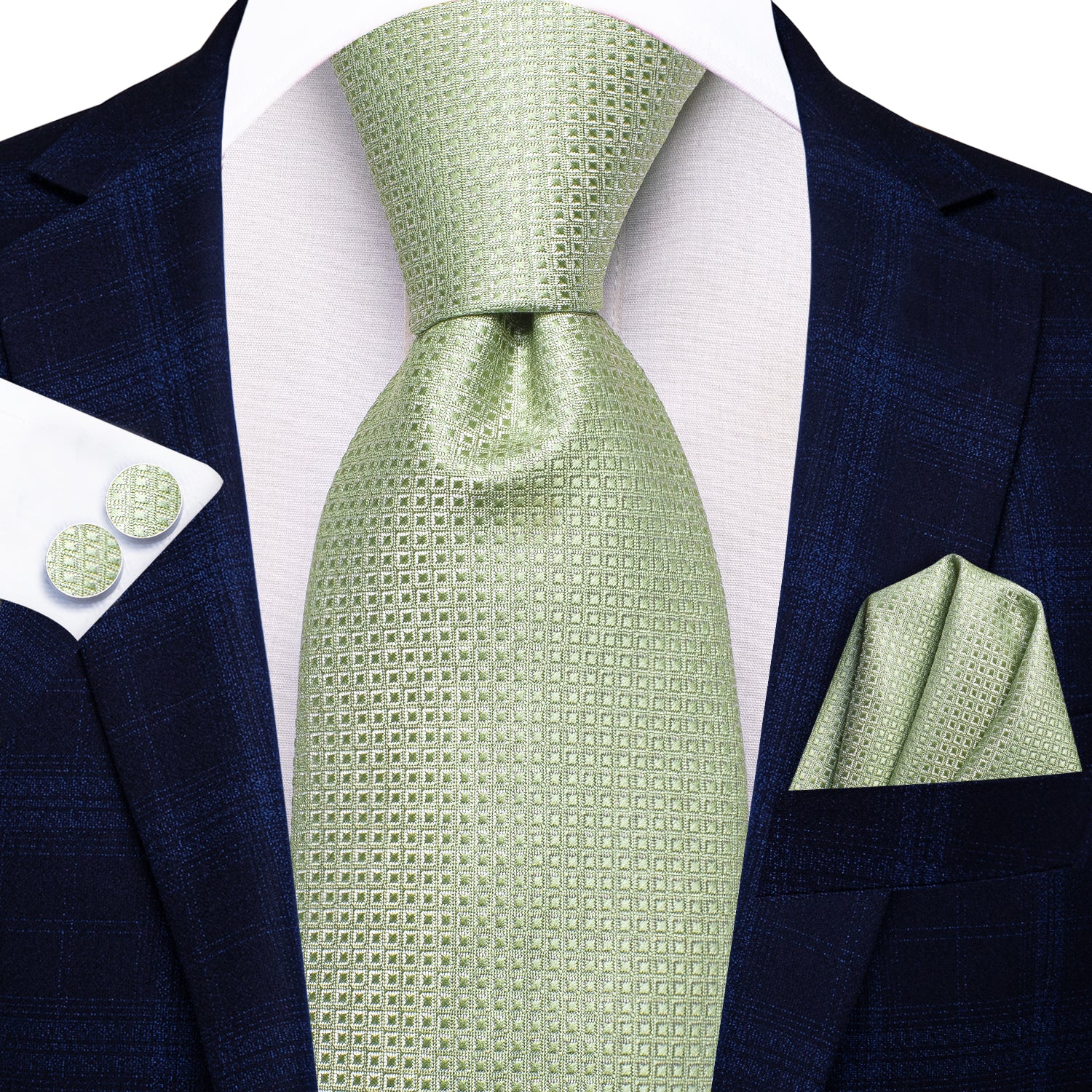 Mint Green Solid 67 Inches Extra Long Tie Handkerchief Cufflinks Set