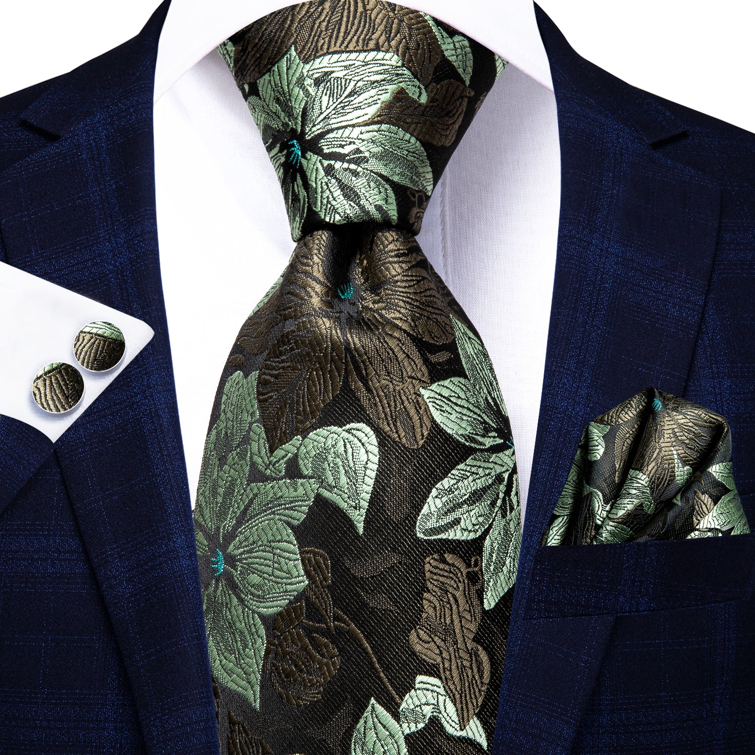 Deep Green Floral 67 Inches Extra Long Tie Handkerchief Cufflinks Set