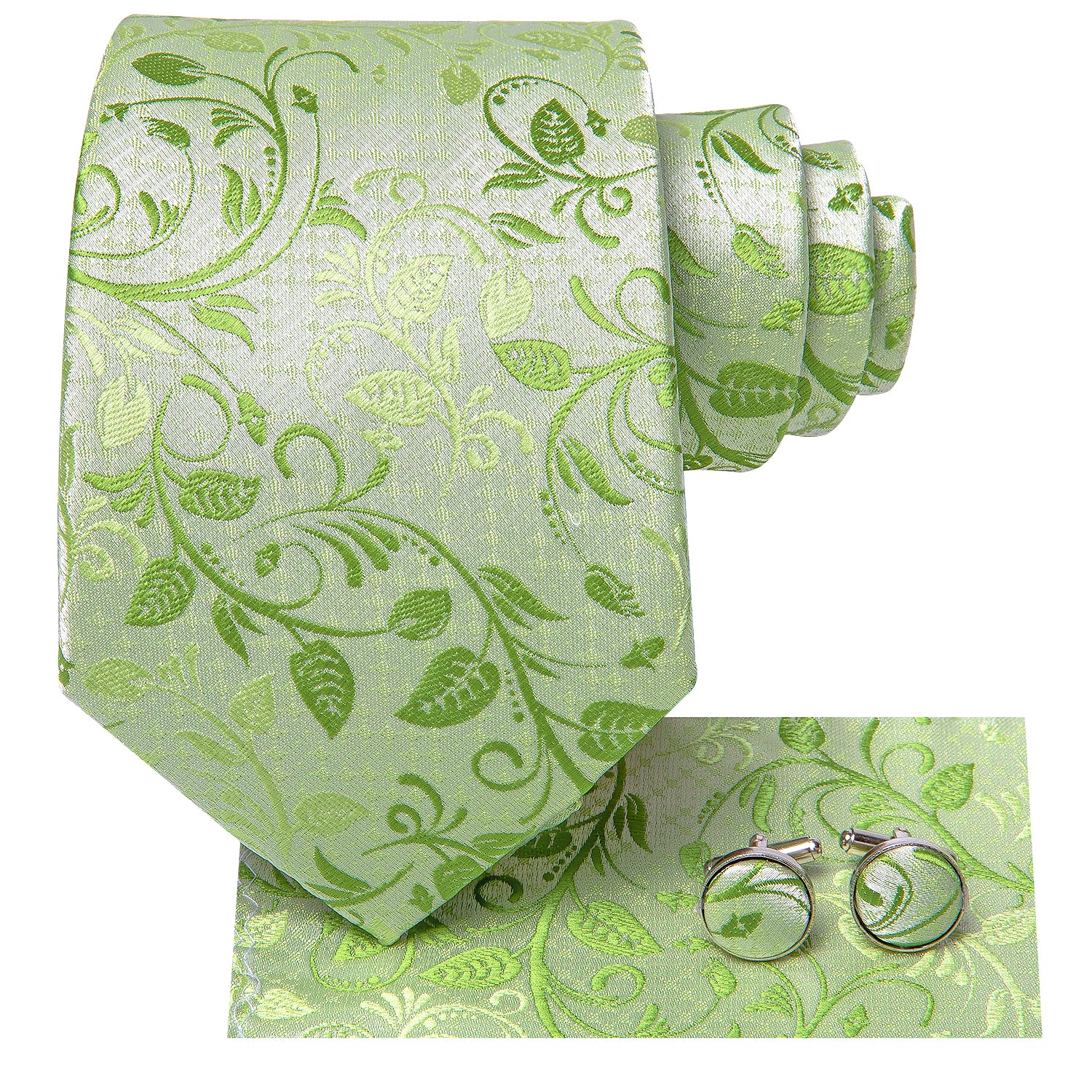 Spring Green Floral 67 Inches Extra Long Tie Handkerchief Cufflinks Set