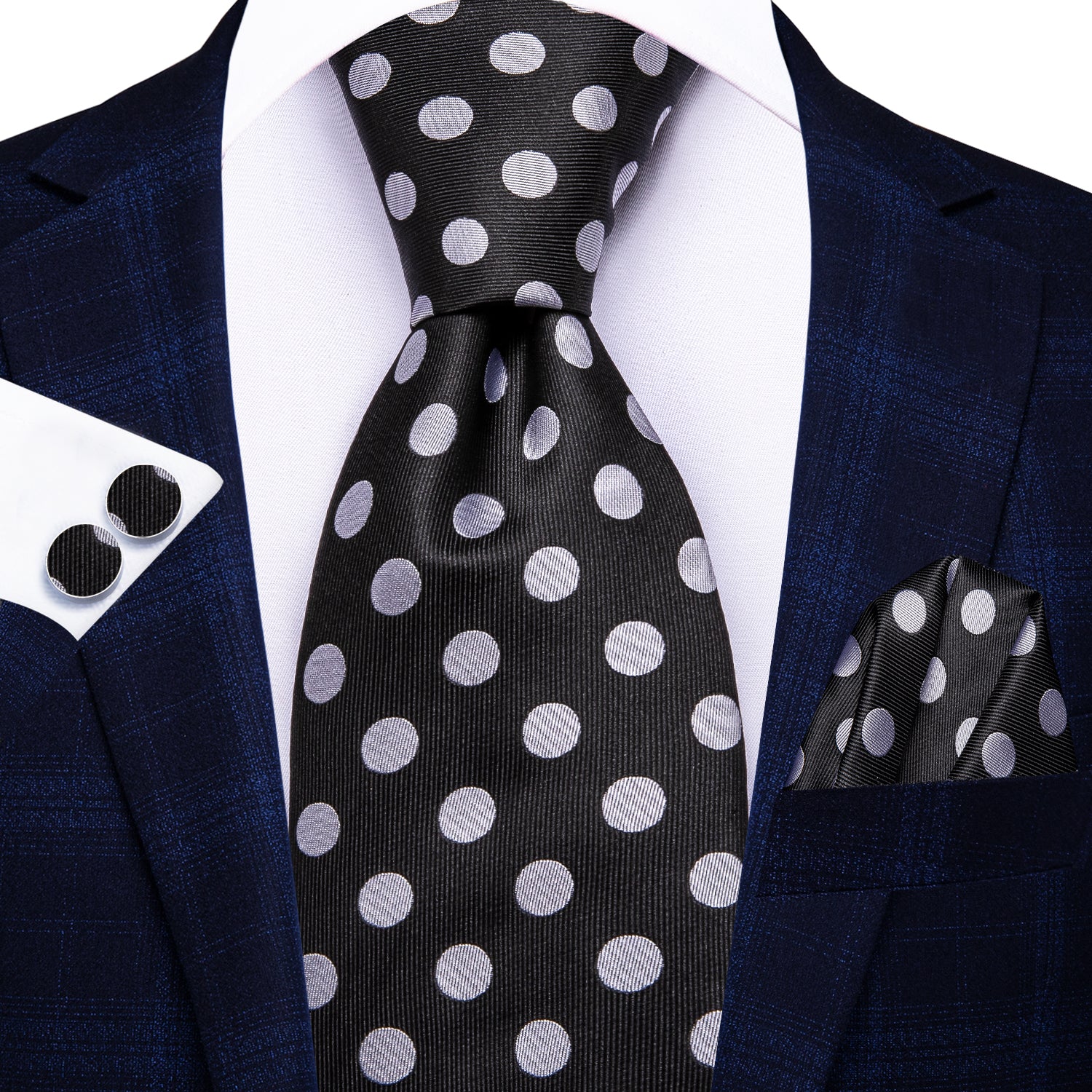 Black White Polka Dot 67 Inches Extra Long Tie Handkerchief Cufflinks Set