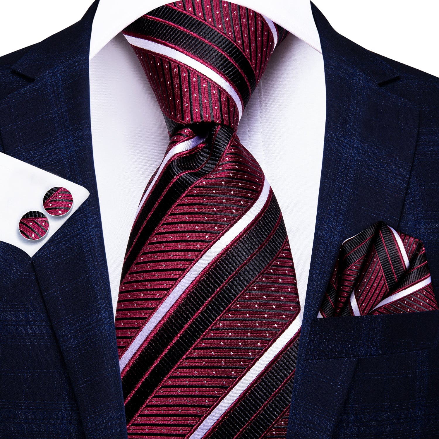 Burgundy Red Striped 67 Inches Extra Long Tie Handkerchief Cufflinks Set