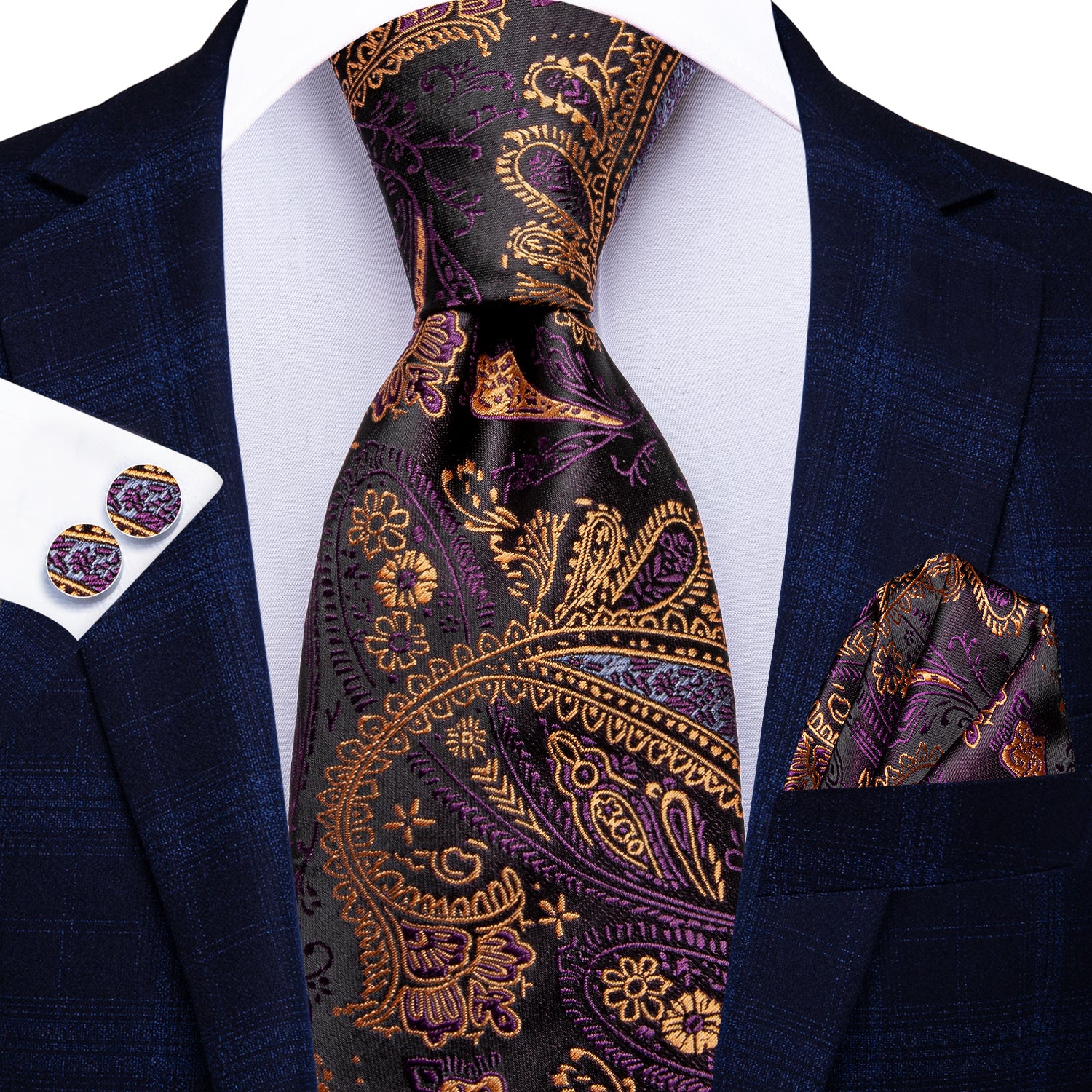 Purple Gold Paisley 67 Inches Extra Long Tie Handkerchief Cufflinks Set