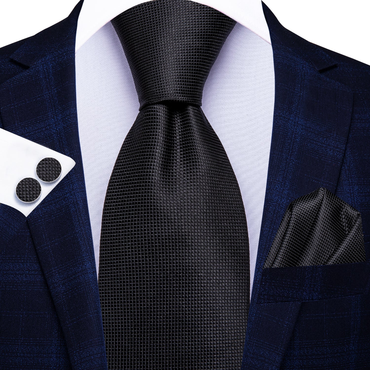 Black Solid 67 Inches Extra Long Tie Handkerchief Cufflinks Set