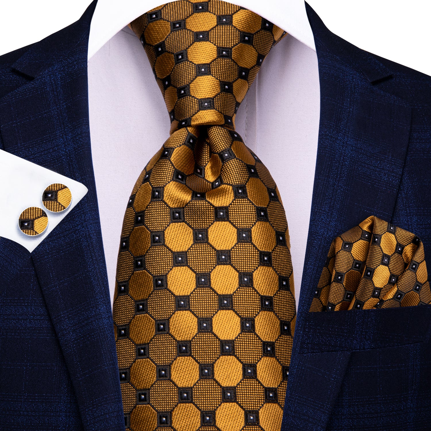Golden Geometric Dot 67 Inches Extra Long Tie Handkerchief Cufflinks Set