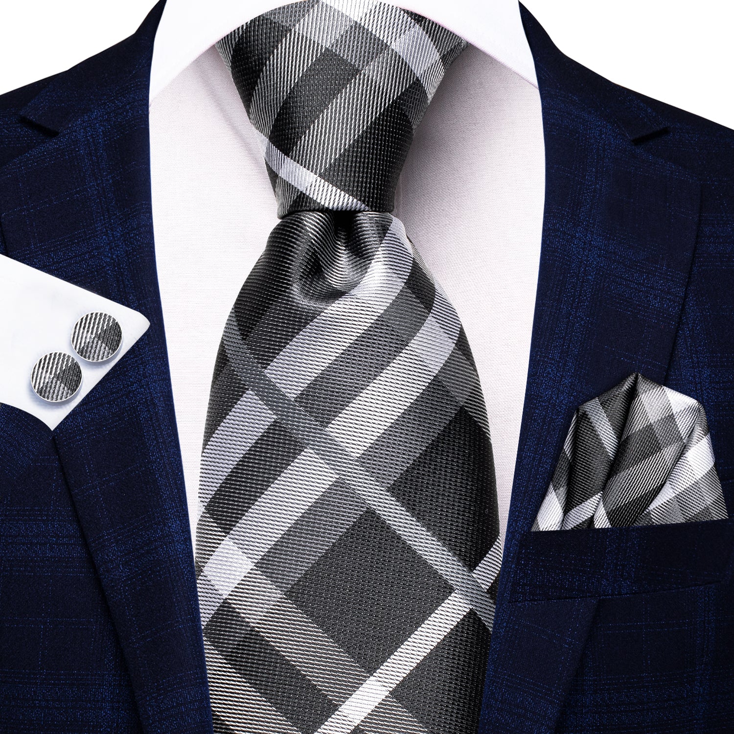 Grey White Plaid 67 Inches Extra Long Tie Handkerchief Cufflinks Set