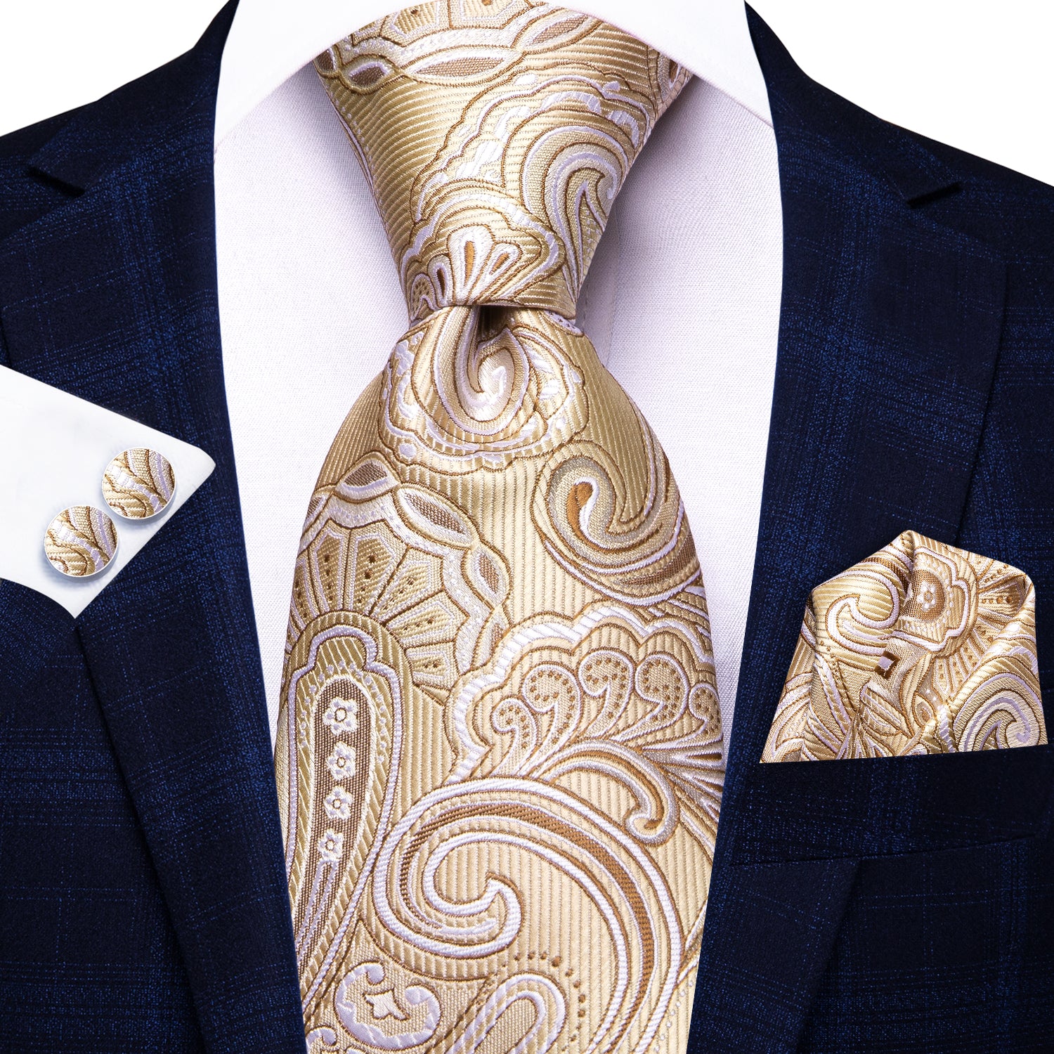 Beige Paisley 67 Inches Extra Long Tie Handkerchief Cufflinks Set