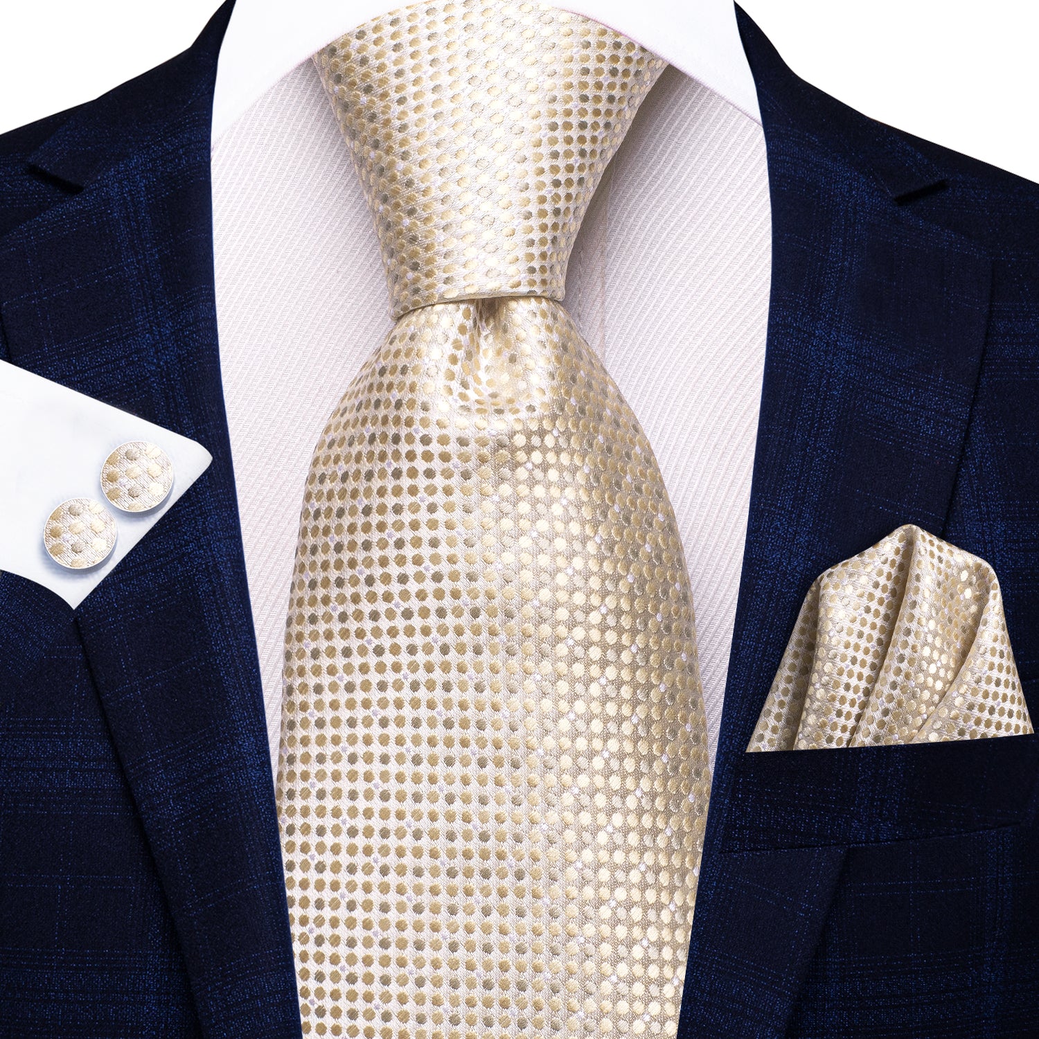 Beige Dot 67 Inches Extra Long Tie Handkerchief Cufflinks Set