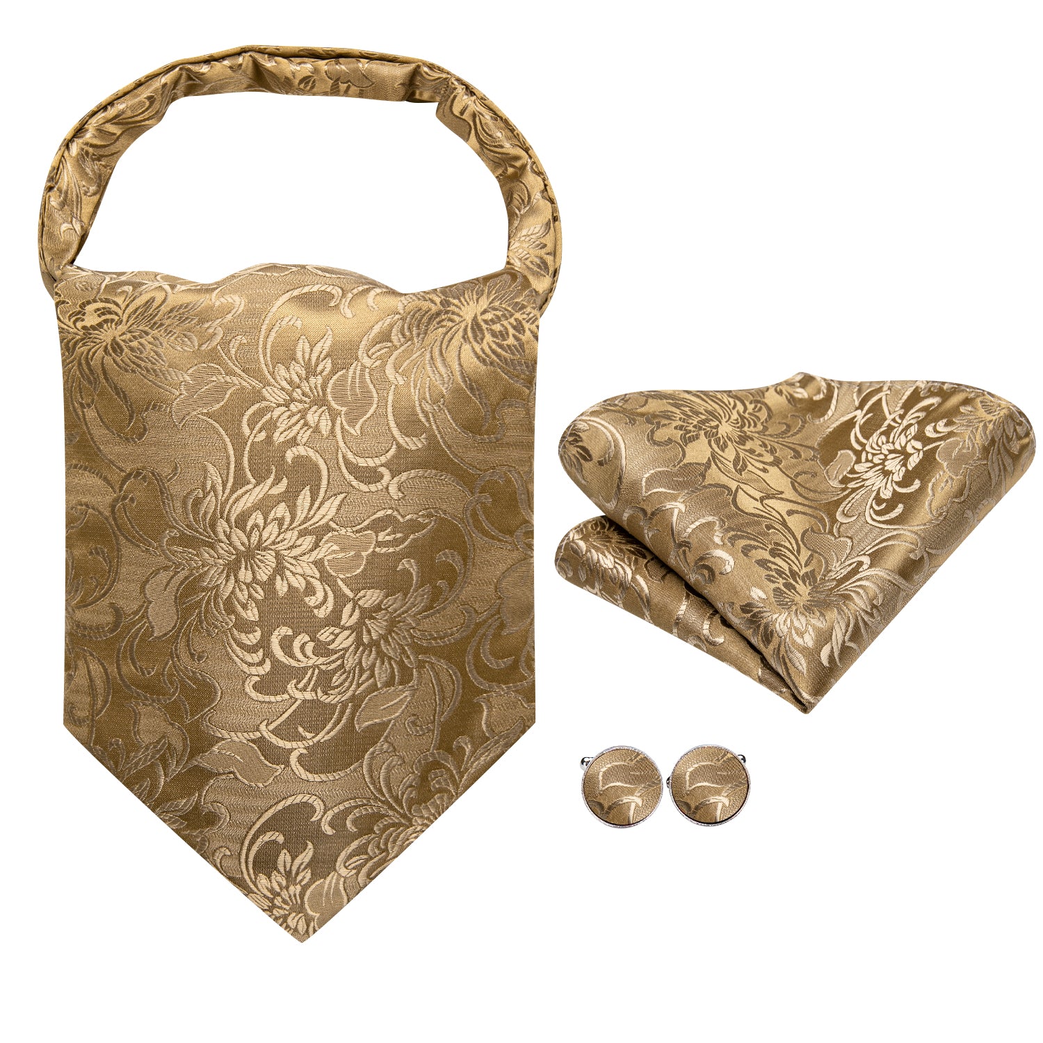 Light Gold Floral Ascot Pocket Square Cufflinks Set