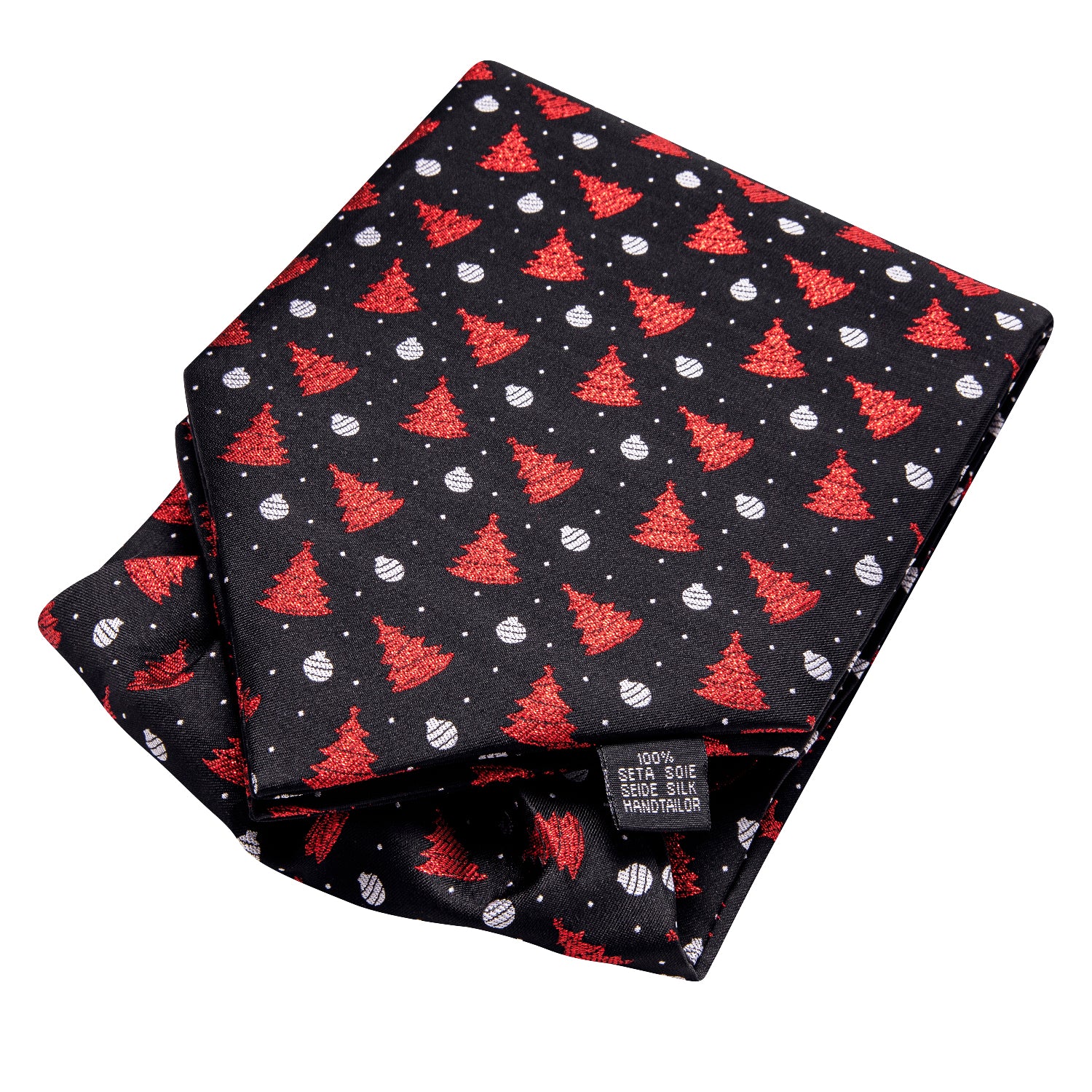 Black Red Christmas Tree Ascot Pocket Square Cufflinks Set