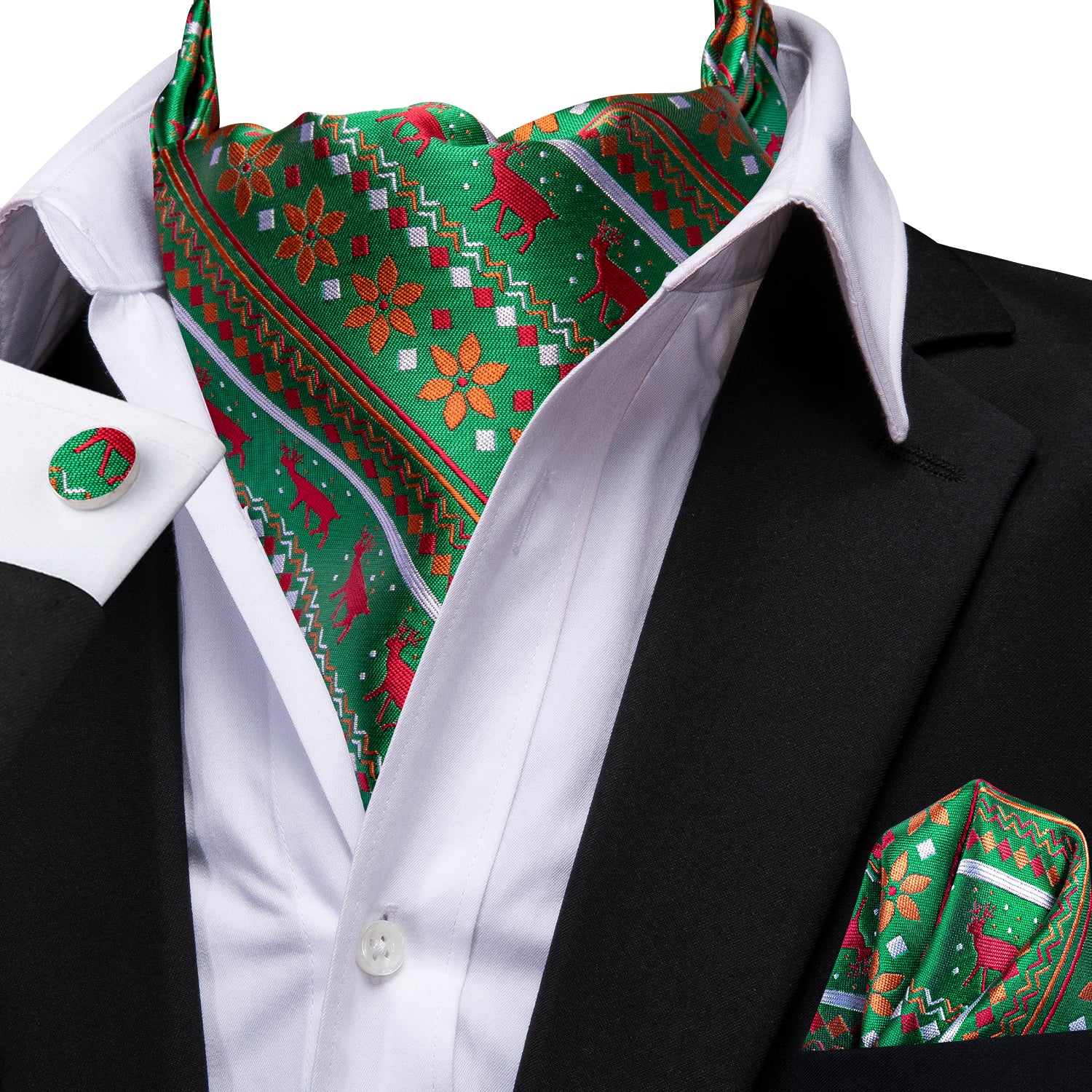 Green Christmas Novelty Ascot Pocket Square Cufflinks Set